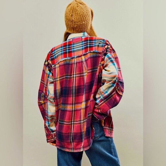 We The Free Patched Up Plaid Shirt Extra Small Berry Combo - Picture 5 of 8
